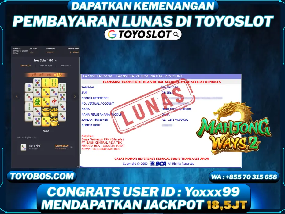 TOYOSLOT - BUKTI KEMENANGAN MAHJONG WAYS 2 Rp18,574,000,- LUNAS